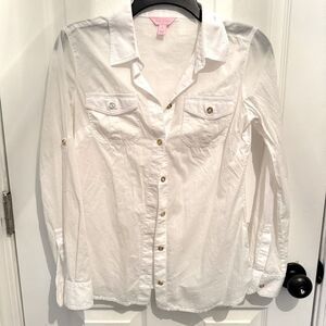 Lilly Pulitzer Solid White Cruiser Camp Shirt Gold Button Front 100% Cotton 0